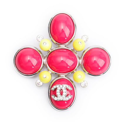 Chanel Silver Plated Cabochon Resin & Strass CC Cross Brooch