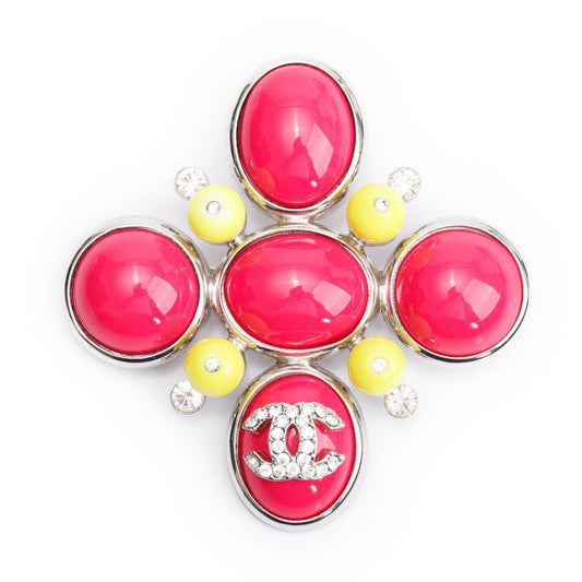 Chanel Silver Plated Cabochon Resin & Strass CC Cross Brooch