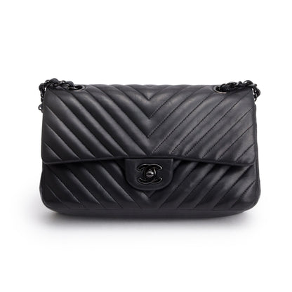 Chanel So Black Chevron Quilted Lambskin Leather Classic Medium Double Flap Bag
