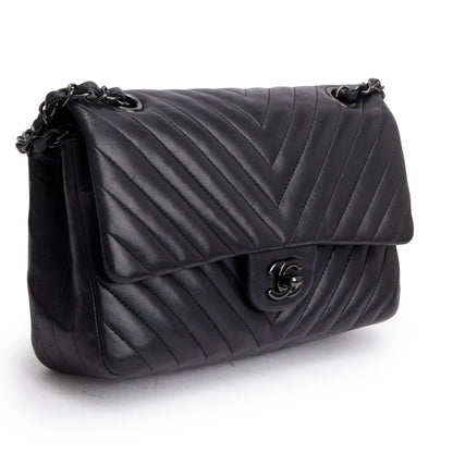 Chanel So Black Chevron Quilted Lambskin Leather Classic Medium Double Flap Bag