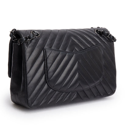 Chanel So Black Chevron Quilted Lambskin Leather Classic Medium Double Flap Bag