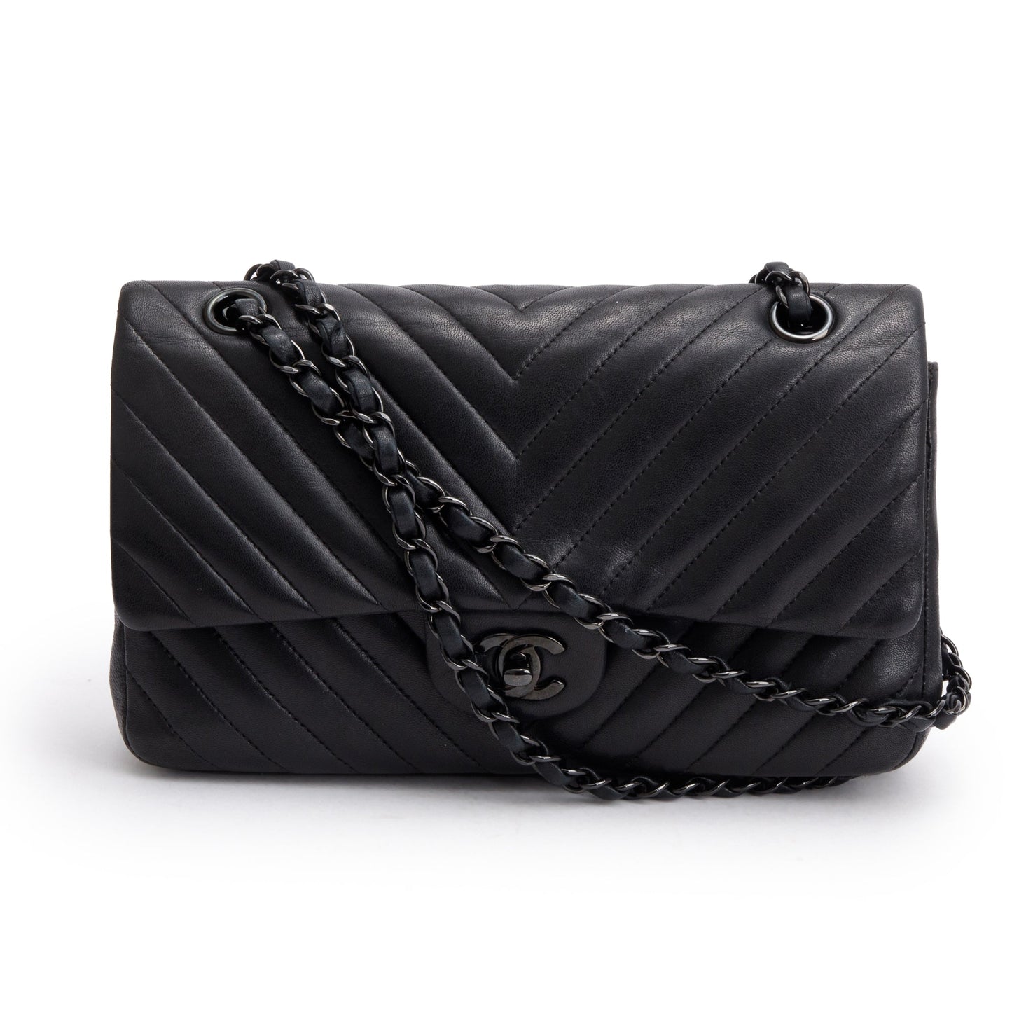 Chanel So Black Chevron Quilted Lambskin Leather Classic Medium Double Flap Bag
