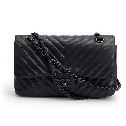 Chanel So Black Chevron Quilted Lambskin Leather Classic Medium Double Flap Bag