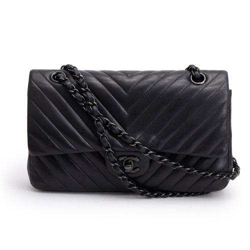 Chanel So Black Chevron Quilted Lambskin Leather Classic Medium Double Flap Bag