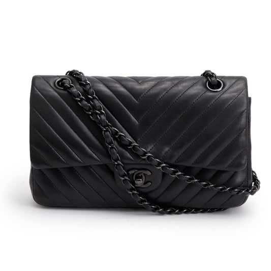 Chanel So Black Chevron Quilted Lambskin Leather Classic Medium Double Flap Bag