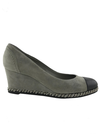 Chanel Suede Leather Cap Toe Chain Trim Wedge Size 7