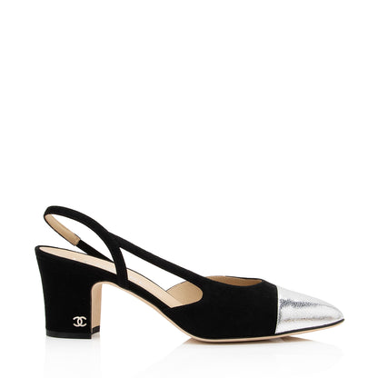 Chanel Suede Metallic Calfskin CC Cap Toe Slingback Pumps - Size 10 / 40 (SHF-2LxbHb)