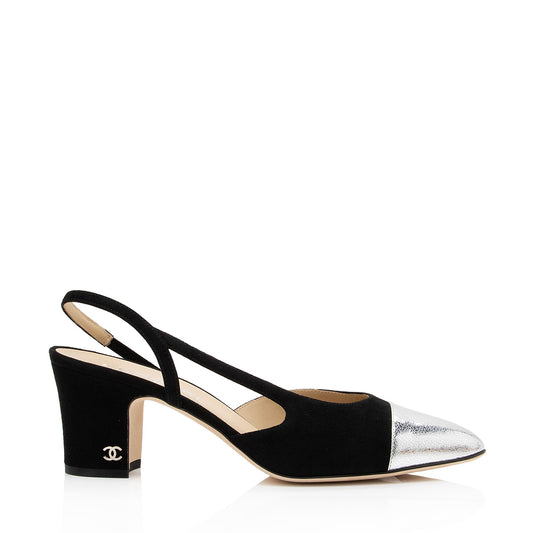 Chanel Suede Metallic Calfskin CC Cap Toe Slingback Pumps - Size 10 / 40 (SHF-2LxbHb)