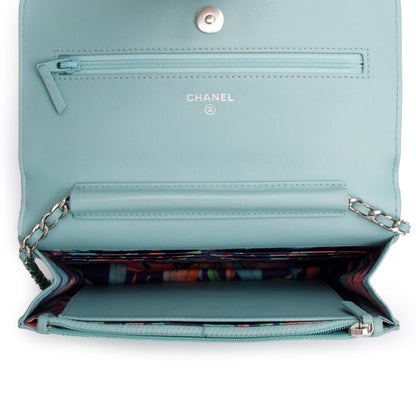 Chanel Turquoise Quilted Calfskin Leather Diamond Stitch Wallet on Chain w/ Authenticity Card