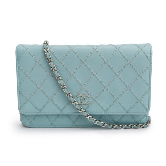 Chanel Turquoise Quilted Calfskin Leather Diamond Stitch Wallet on Chain w/ Authenticity Card
