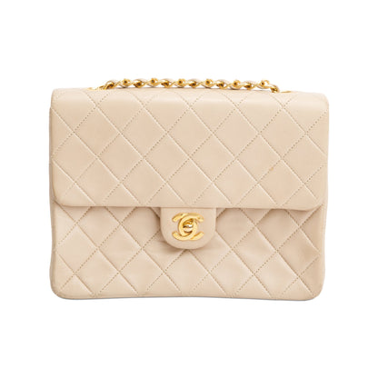 Chanel Vintage Beige Leather Small Square Single Flap Bag