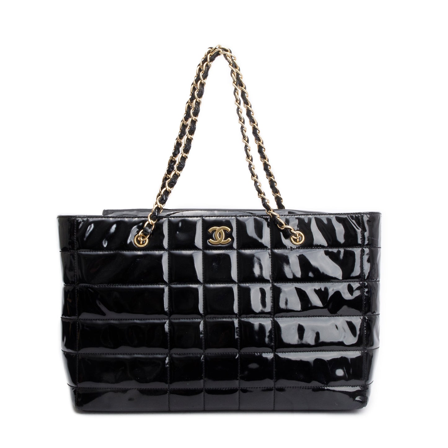 Chanel Vintage Black Chocolate Bar Quilted Patent Leather Tote