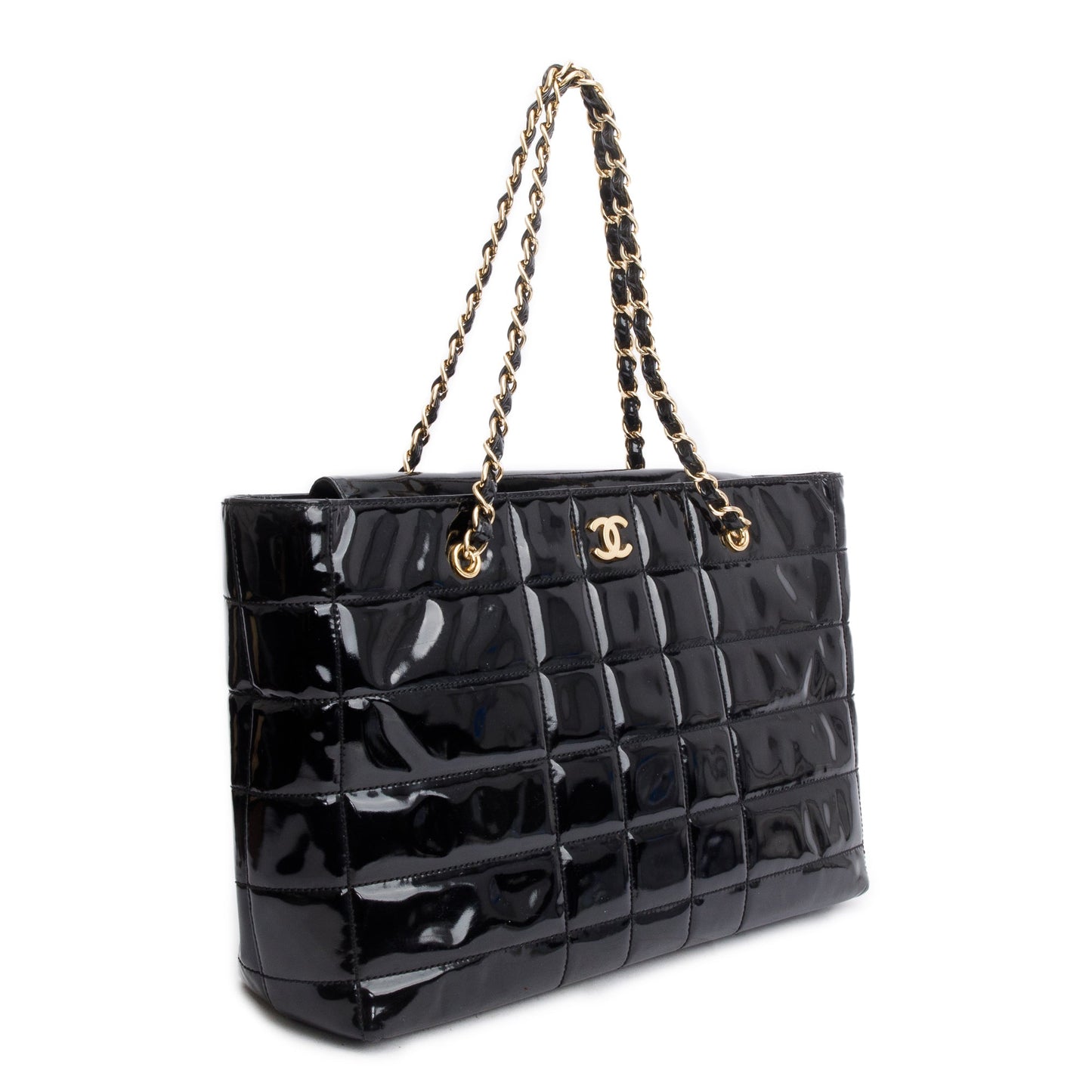 Chanel Vintage Black Chocolate Bar Quilted Patent Leather Tote