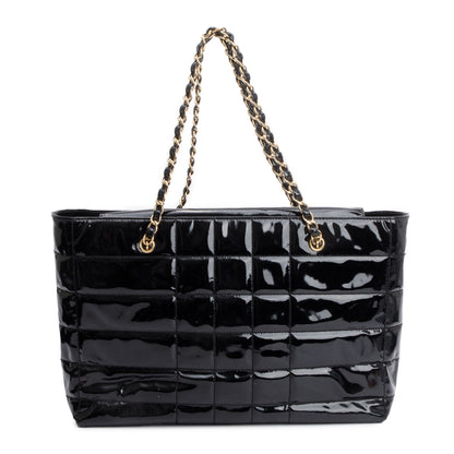 Chanel Vintage Black Chocolate Bar Quilted Patent Leather Tote
