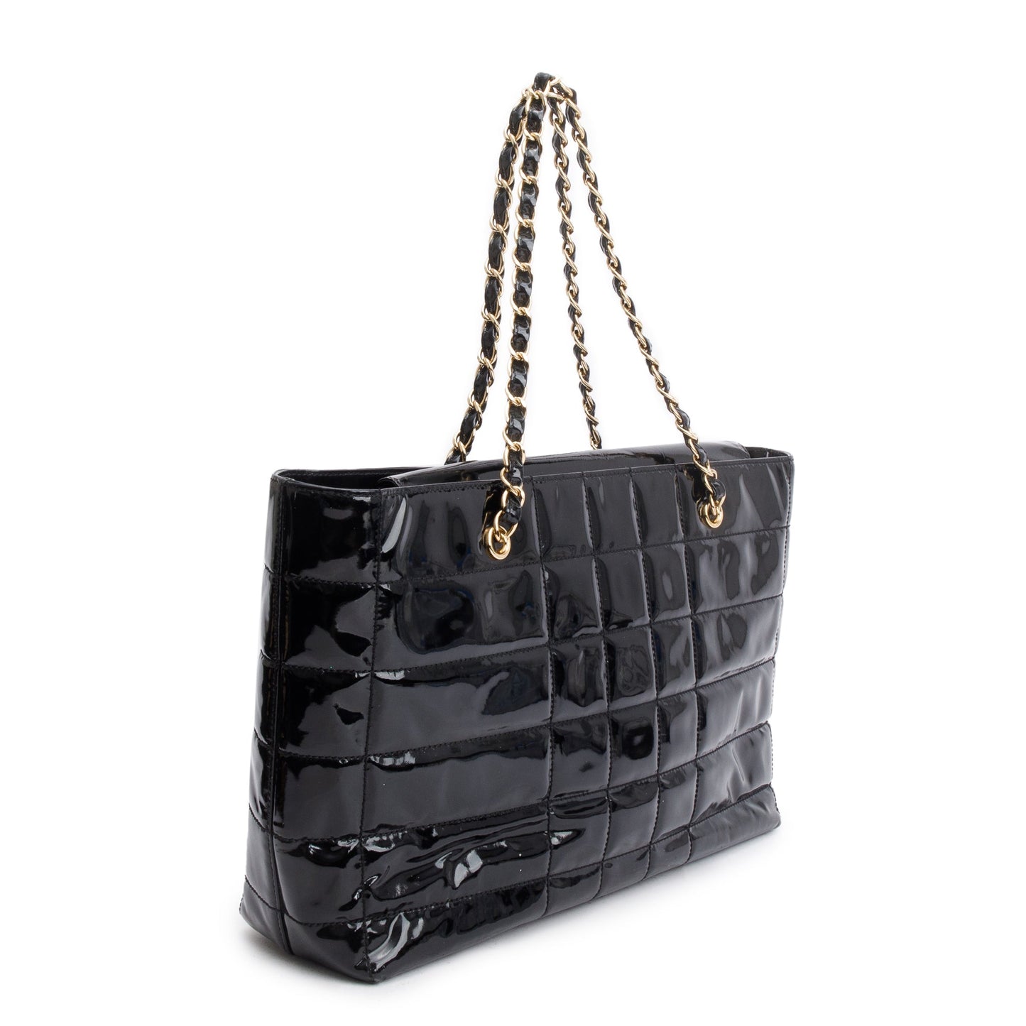 Chanel Vintage Black Chocolate Bar Quilted Patent Leather Tote