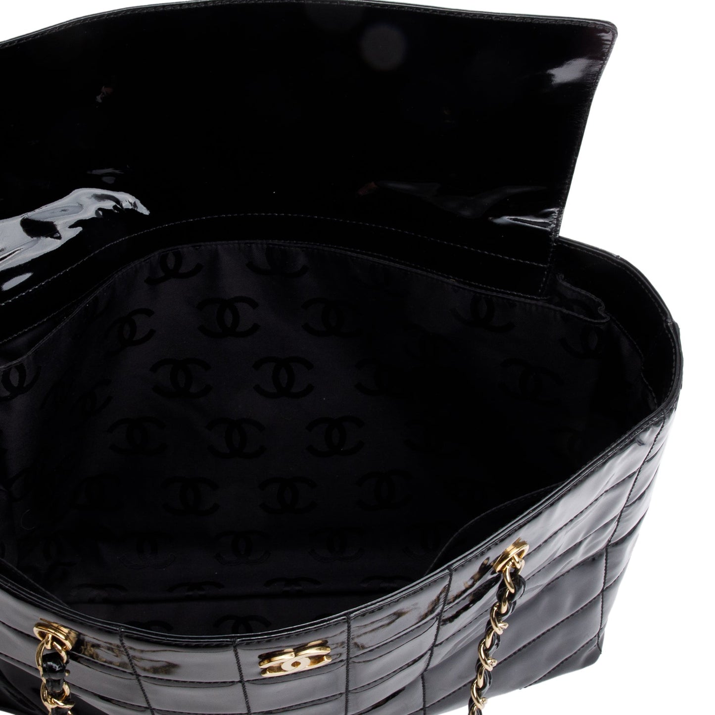 Chanel Vintage Black Chocolate Bar Quilted Patent Leather Tote