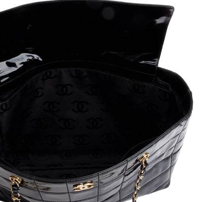 Chanel Vintage Black Chocolate Bar Quilted Patent Leather Tote