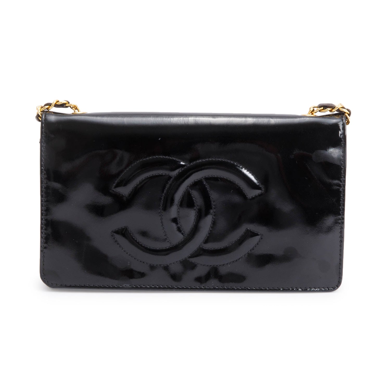 Chanel Vintage Black Patent Leather Timeless Wallet on Chain w/ Authenticity Card