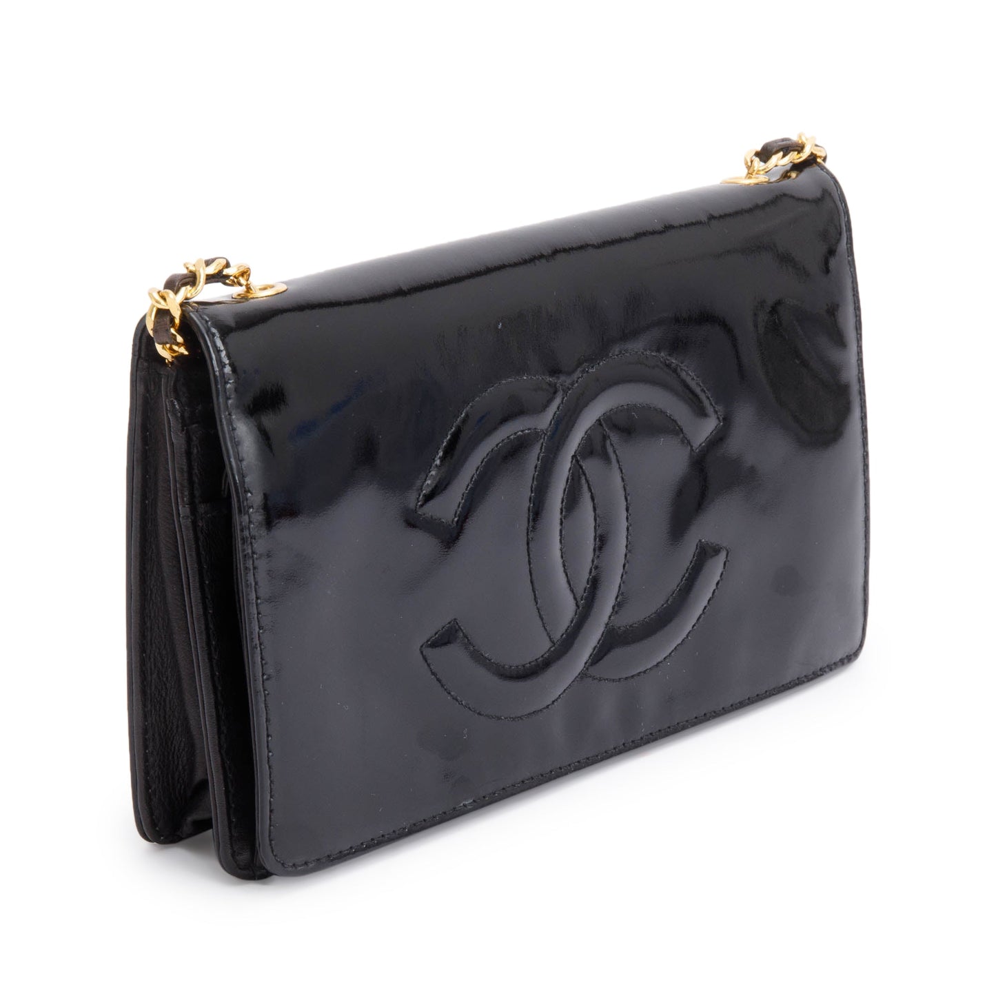 Chanel Vintage Black Patent Leather Timeless Wallet on Chain w/ Authenticity Card