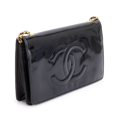 Chanel Vintage Black Patent Leather Timeless Wallet on Chain w/ Authenticity Card