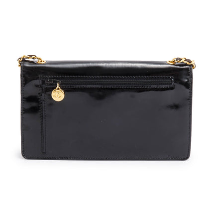 Chanel Vintage Black Patent Leather Timeless Wallet on Chain w/ Authenticity Card