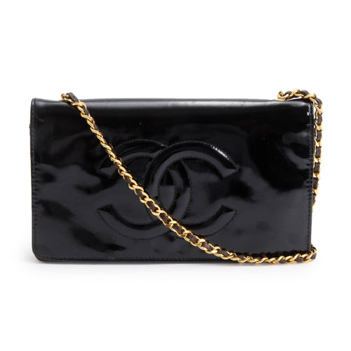 Chanel Vintage Black Patent Leather Timeless Wallet on Chain w/ Authenticity Card