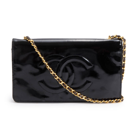 Chanel Vintage Black Patent Leather Timeless Wallet on Chain w/ Authenticity Card