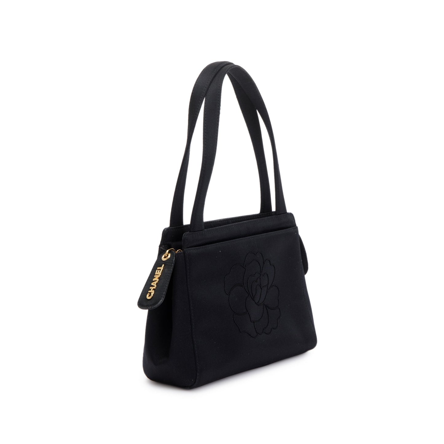 Chanel Vintage Black Satin Camelia Top Handle Bag w/ Authenticity Card