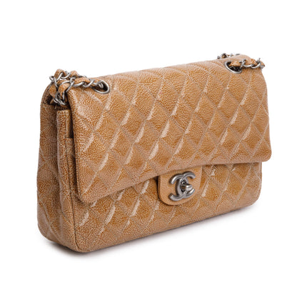 Chanel Vintage Brown Crinkled Patent Leather Classic Medium Double Flap Bag