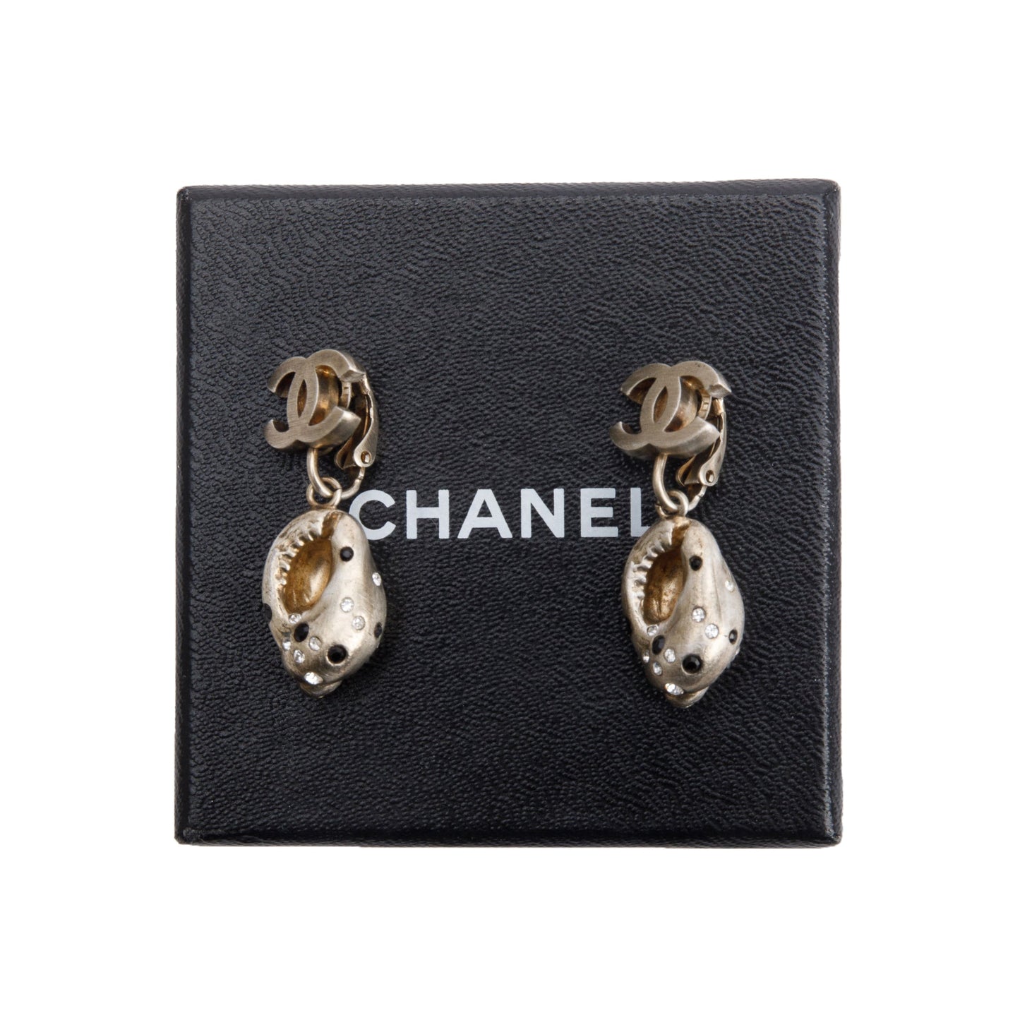 Chanel Vintage Gold Plated Silver Strass Shell CC Clip On Drop Earrings w/ Box