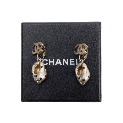 Chanel Vintage Gold Plated Silver Strass Shell CC Clip On Drop Earrings w/ Box