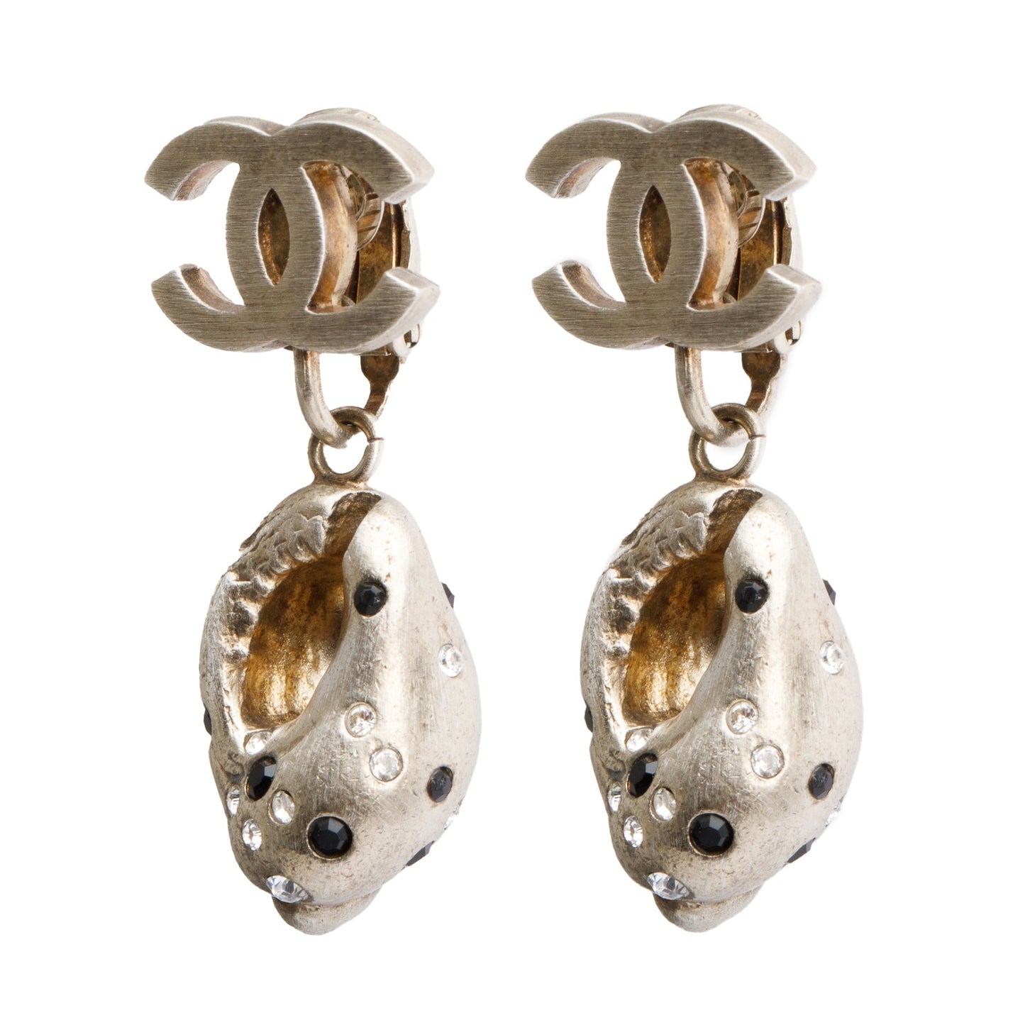 Chanel Vintage Gold Plated Silver Strass Shell CC Clip On Drop Earrings w/ Box
