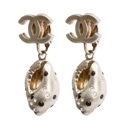 Chanel Vintage Gold Plated Silver Strass Shell CC Clip On Drop Earrings w/ Box