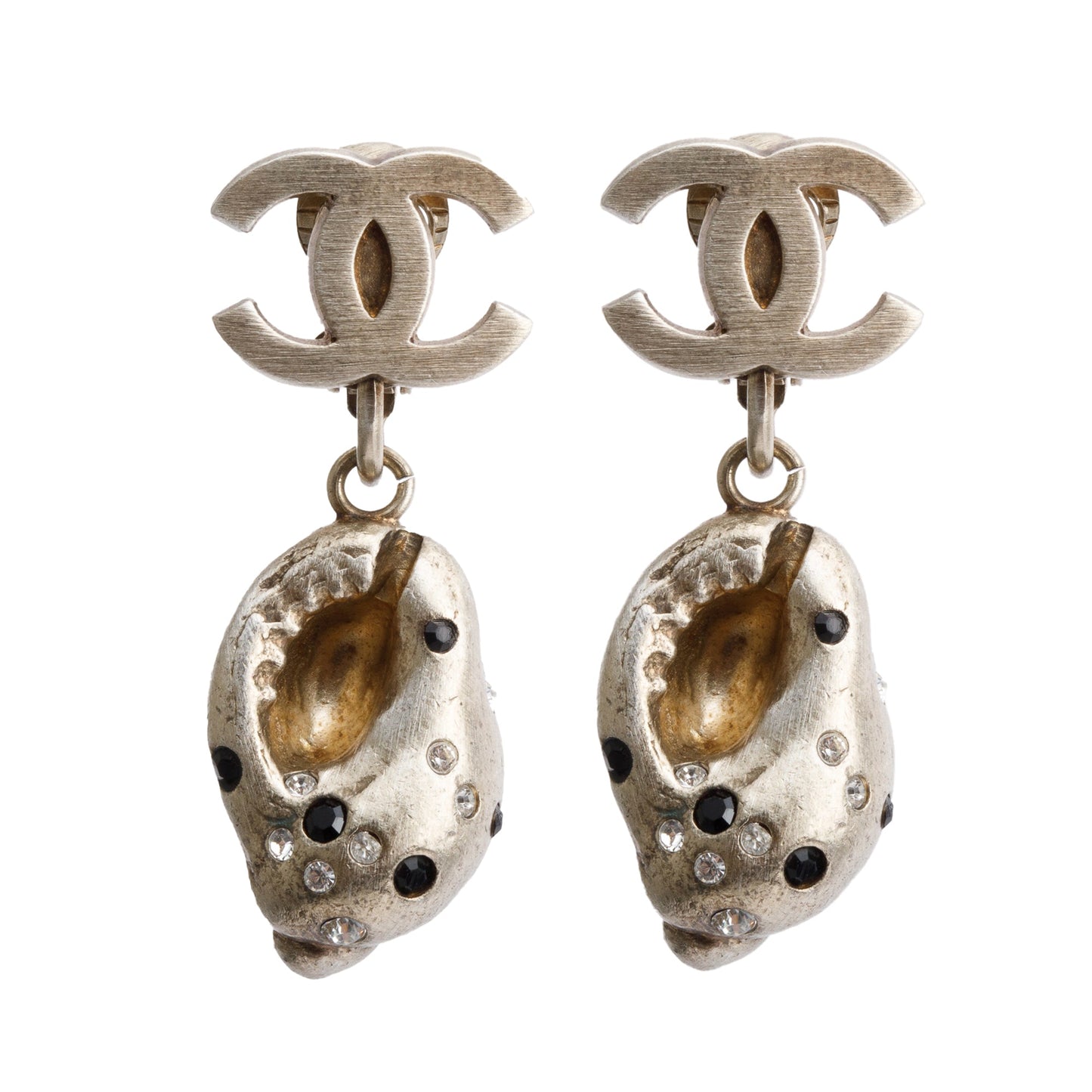 Chanel Vintage Gold Plated Silver Strass Shell CC Clip On Drop Earrings w/ Box