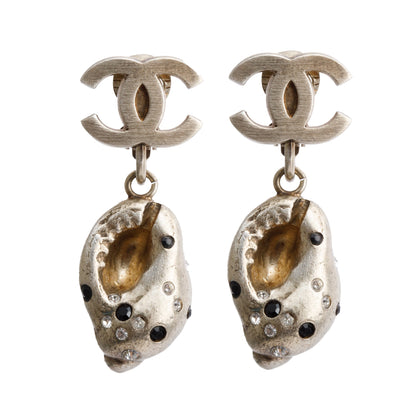 Chanel Vintage Gold Plated Silver Strass Shell CC Clip On Drop Earrings w/ Box