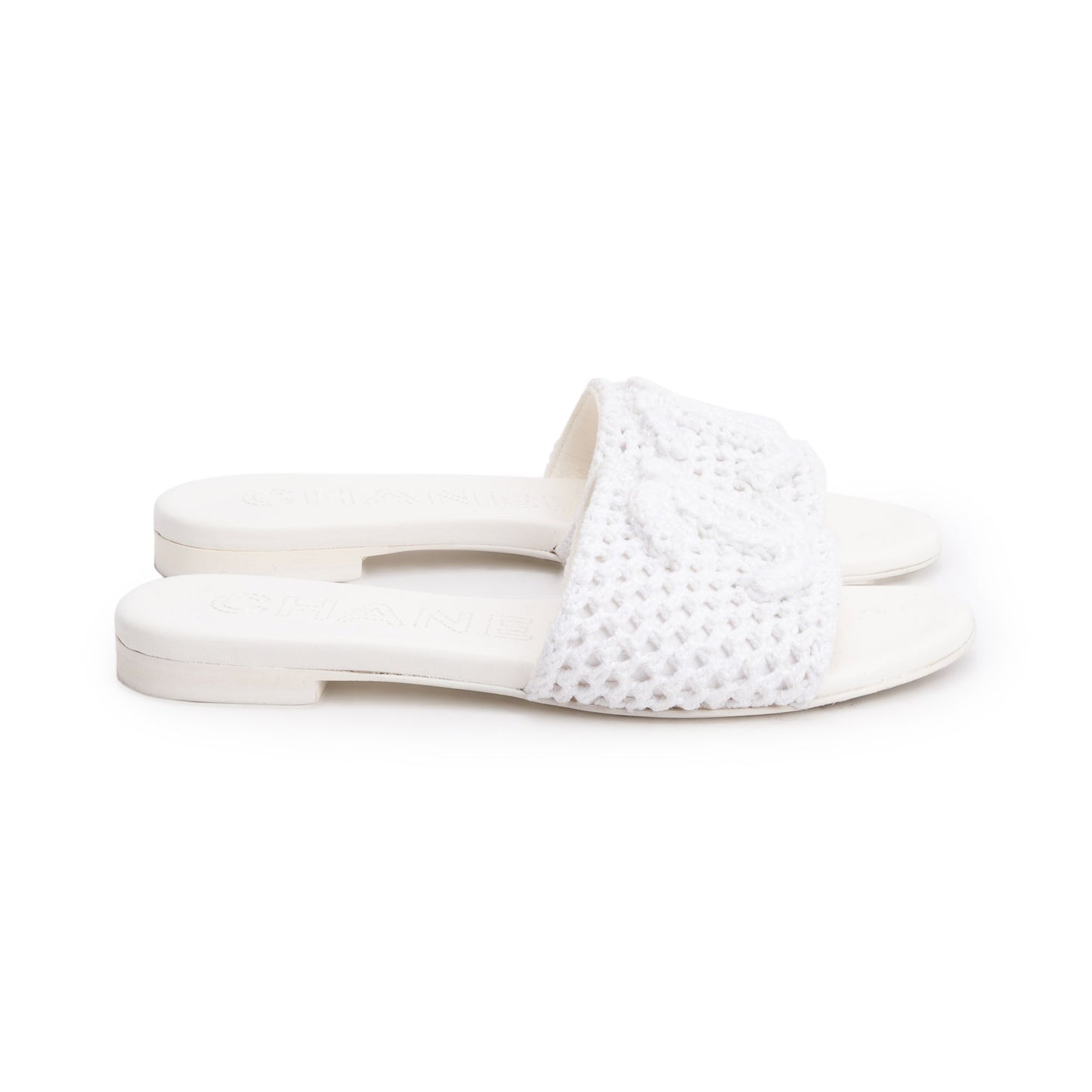 Chanel White Calfskin Leather Crochet CC Mules Sandals, Size 35