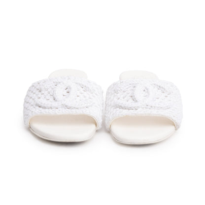 Chanel White Calfskin Leather Crochet CC Mules Sandals, Size 35