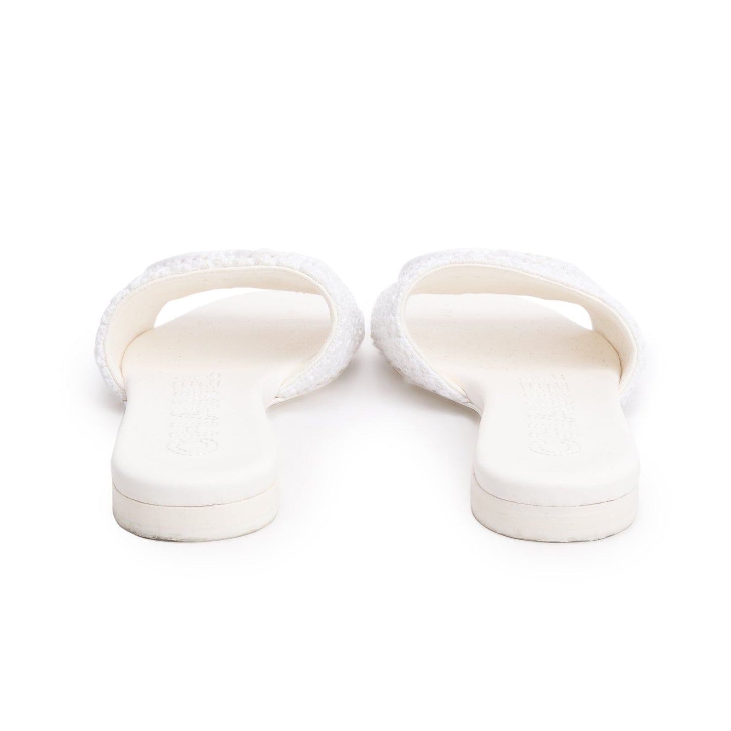 Chanel White Calfskin Leather Crochet CC Mules Sandals, Size 35