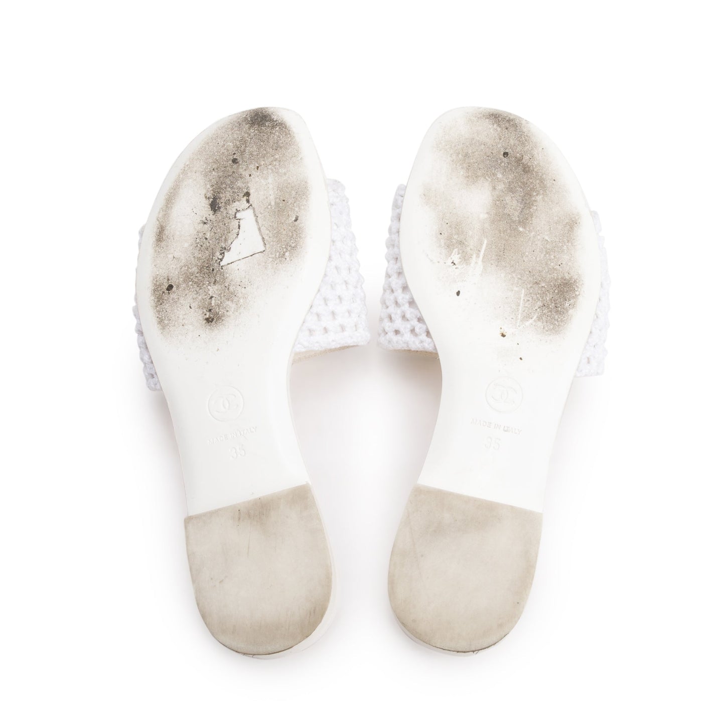 Chanel White Calfskin Leather Crochet CC Mules Sandals, Size 35