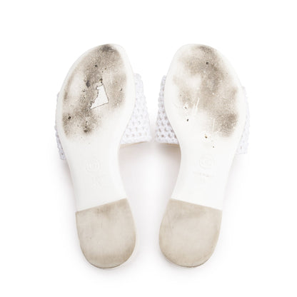 Chanel White Calfskin Leather Crochet CC Mules Sandals, Size 35