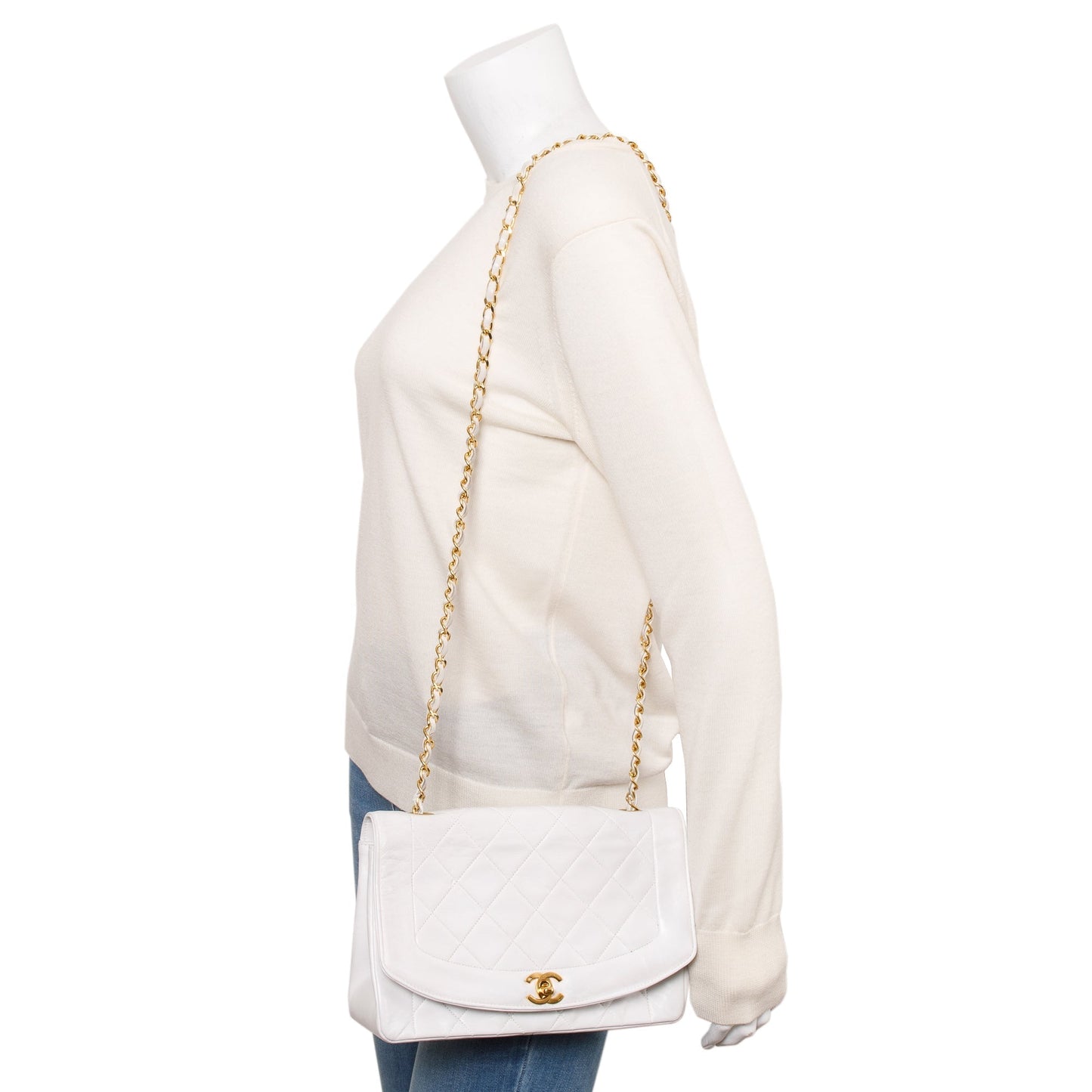 Chanel White Calfskin Leather Medium Diana Flap Bag w/ Authenticity Card