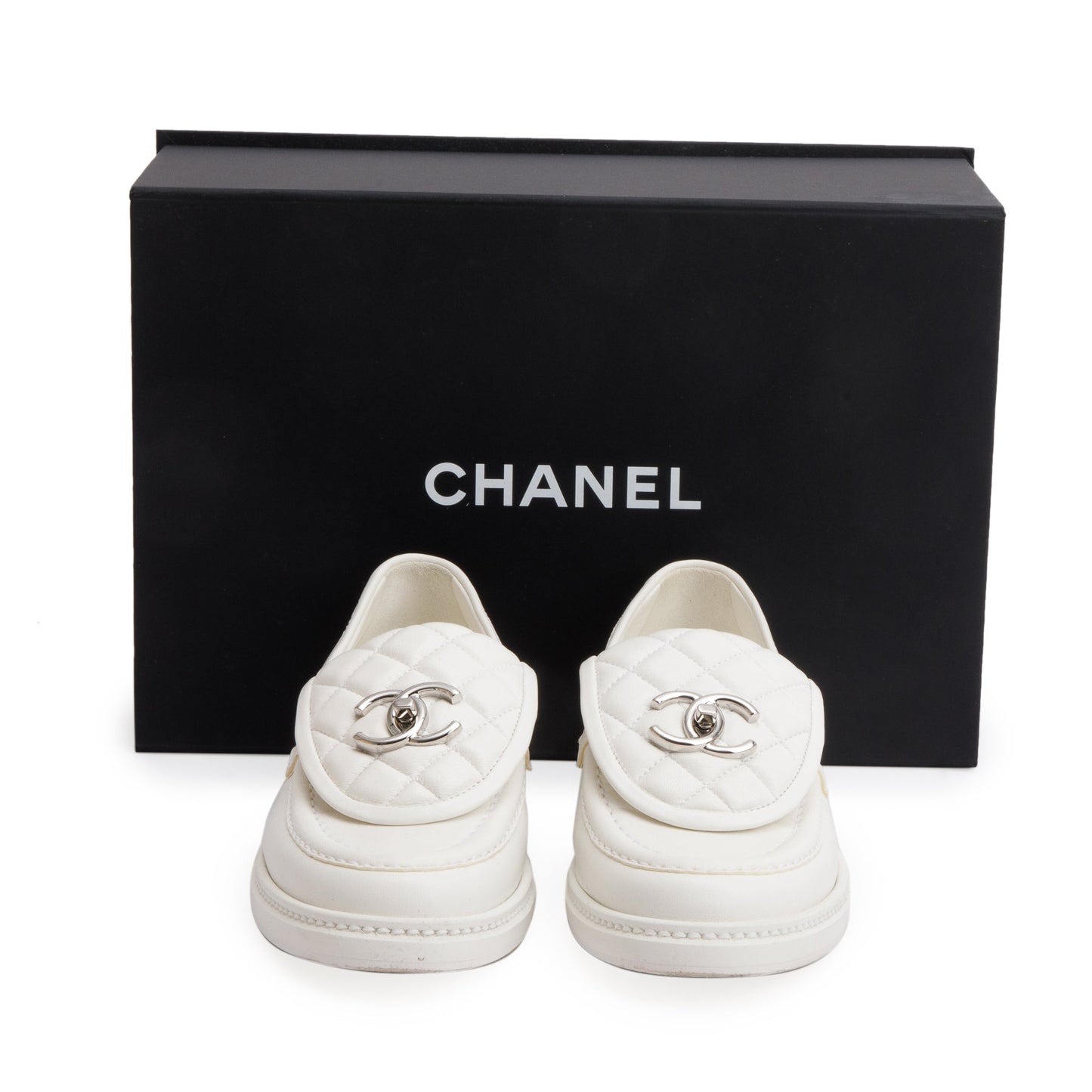 Chanel White Calfskin Leather Quilted CC Logo Loafer, Size 36 w/ Box