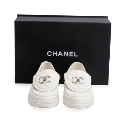 Chanel White Calfskin Leather Quilted CC Logo Loafer, Size 36 w/ Box