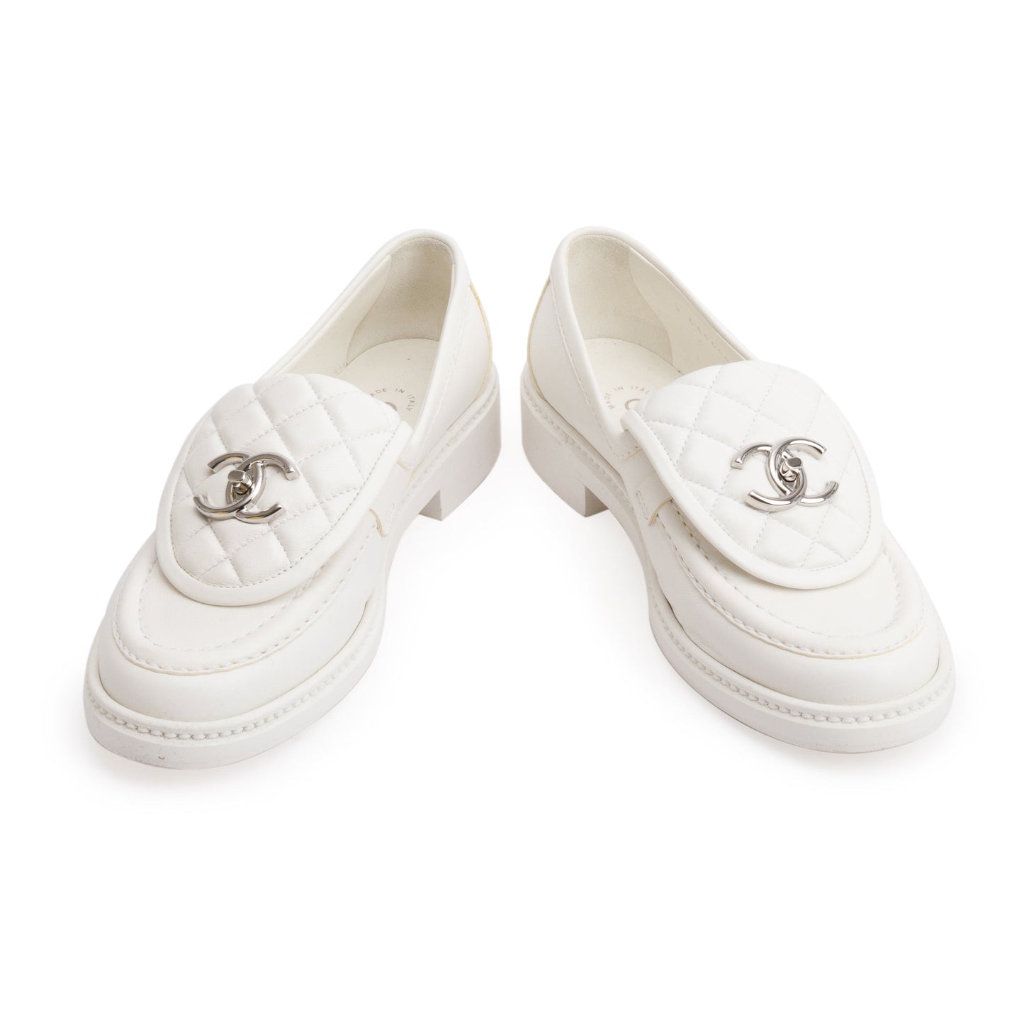 Chanel White Calfskin Leather Quilted CC Logo Loafer, Size 36 w/ Box