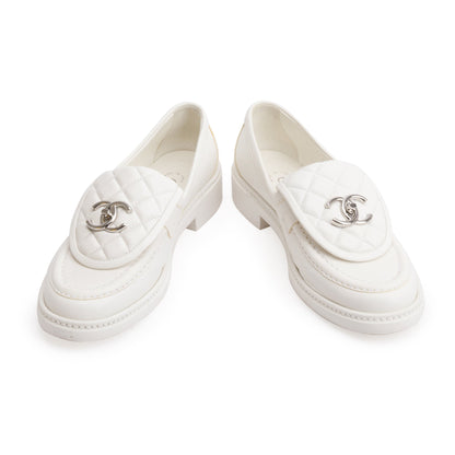 Chanel White Calfskin Leather Quilted CC Logo Loafer, Size 36 w/ Box