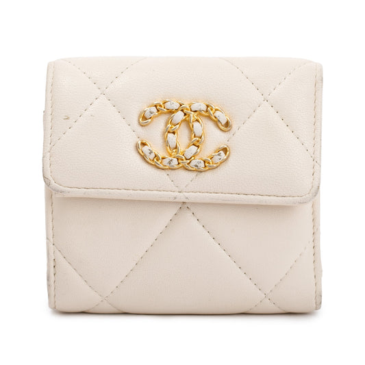 Chanel White Quilted Leather Small 19 Flap Wallet w/ Authenticity Card