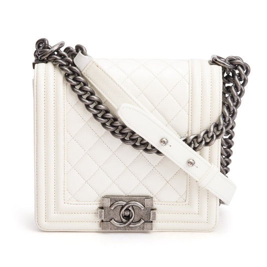 Chanel White Quilted Leather Small Gentle Boy Bag w/ Authenticity Card