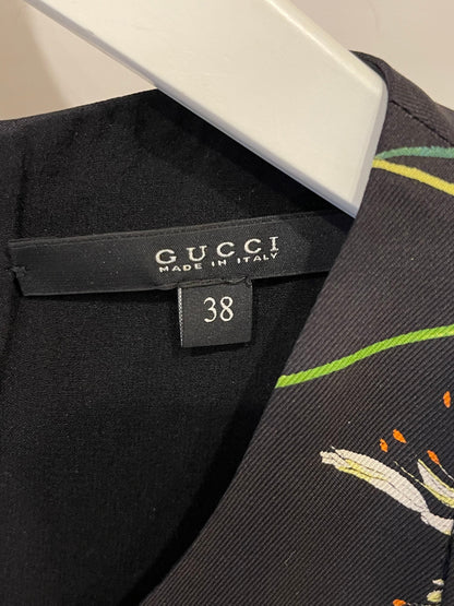 Gucci Black Silk Mini Floral Printed Dress with Gold Pearl Embellishments Size IT 38 (UK 6)
