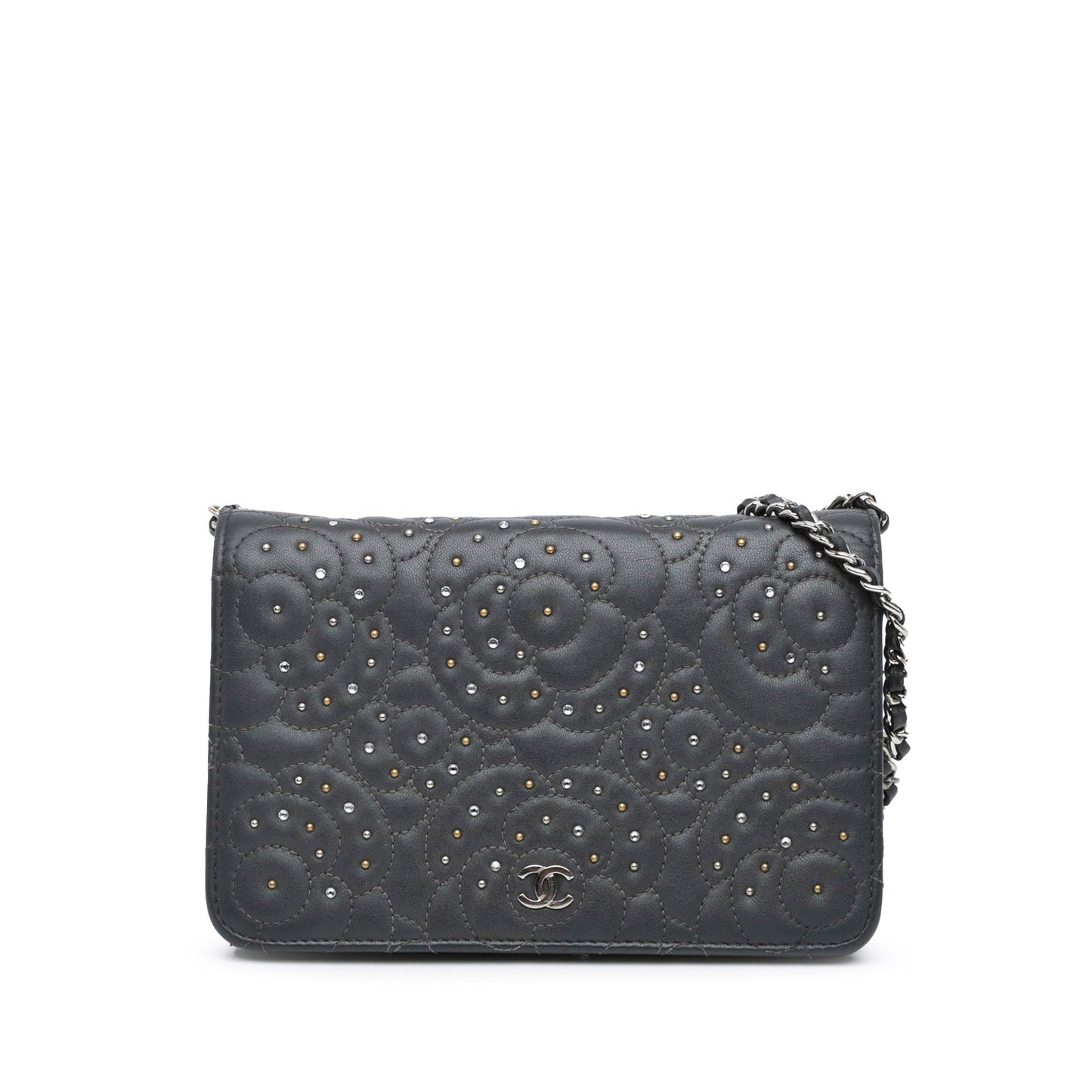 Black Chanel Studded Lambskin Camellia Wallet On Chain Crossbody Bag