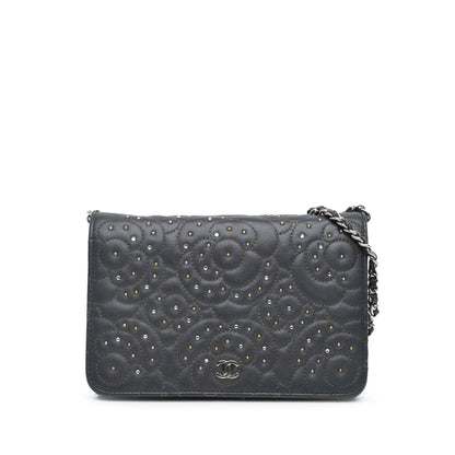 Black Chanel Studded Lambskin Camellia Wallet On Chain Crossbody Bag